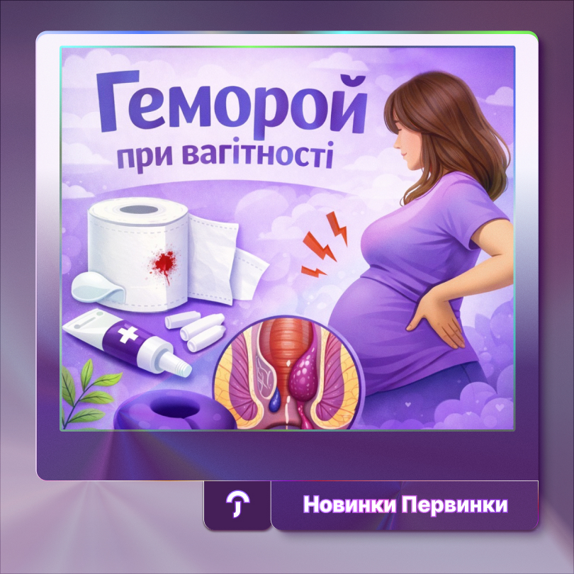 Обкладинка "Первинка". Геморой при вагітності. Зображено вагітну жінку, кров на туалетному папері, схематично ліки та зріз геморою