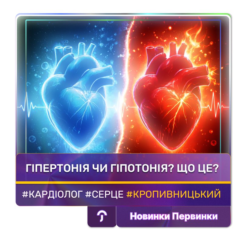 Обкладинка медичної мережі "Первинка". Гіпертонія чи Гіпотонія? Зображення два серця, палаюче та холодне